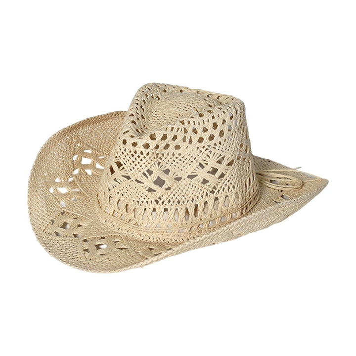 Straw Hat Ventilated Hollow Round Collapsible Western Cowboy Beach Hat Photo Props Image 1