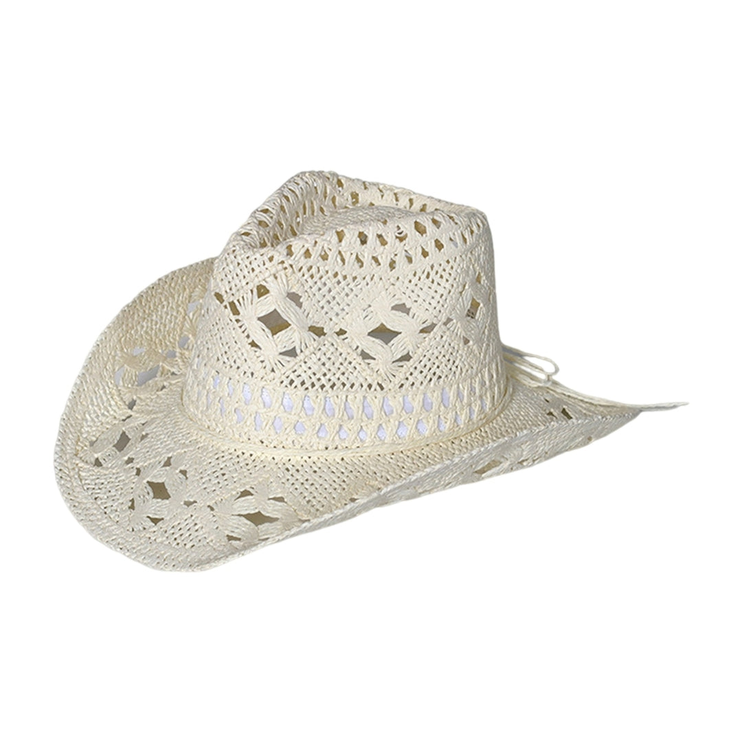 Straw Hat Ventilated Hollow Round Collapsible Western Cowboy Beach Hat Photo Props Image 4