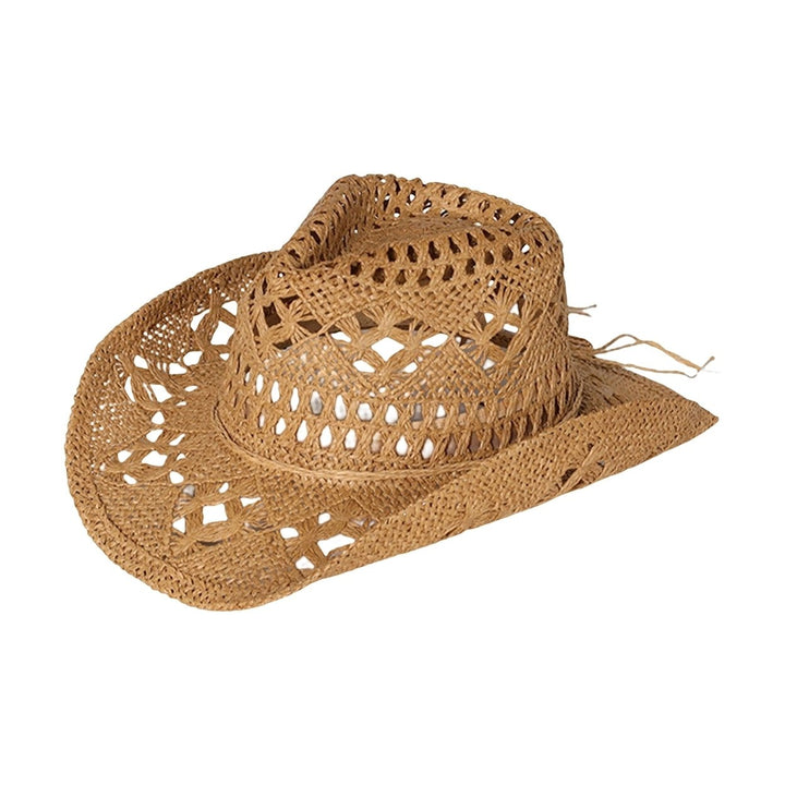 Straw Hat Ventilated Hollow Round Collapsible Western Cowboy Beach Hat Photo Props Image 1