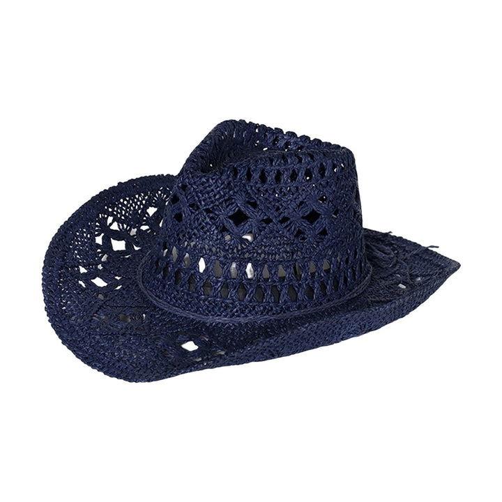 Straw Hat Ventilated Hollow Round Collapsible Western Cowboy Beach Hat Photo Props Image 1