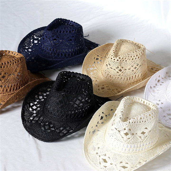 Straw Hat Ventilated Hollow Round Collapsible Western Cowboy Beach Hat Photo Props Image 8
