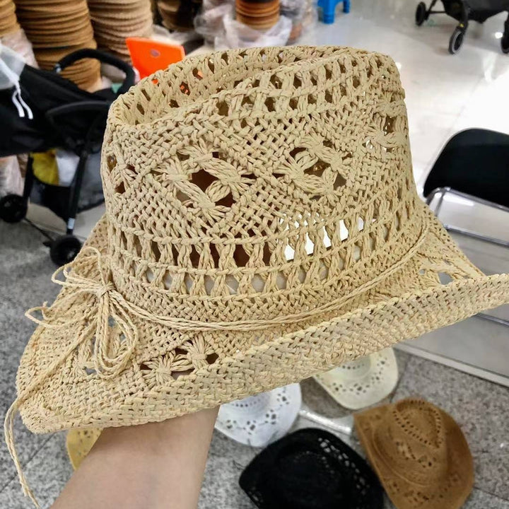 Straw Hat Ventilated Hollow Round Collapsible Western Cowboy Beach Hat Photo Props Image 12