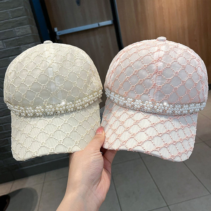 Mesh Sun Hat Adjustable Design Rhinestone Faux Pearl Baseball Hat for Daily Life Image 1