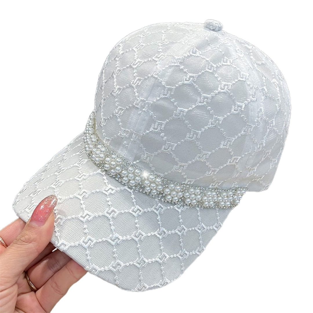 Mesh Sun Hat Adjustable Design Rhinestone Faux Pearl Baseball Hat for Daily Life Image 3