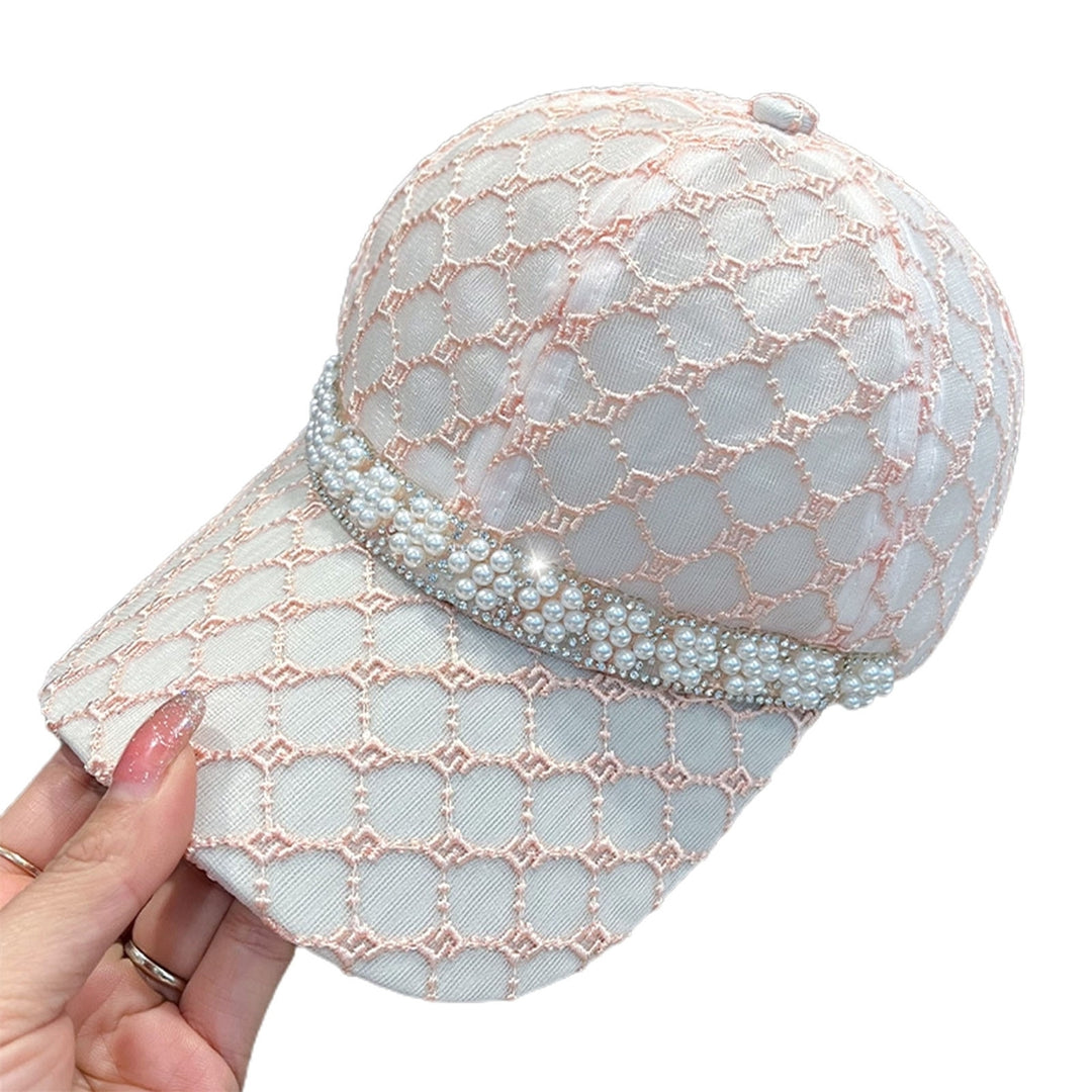 Mesh Sun Hat Adjustable Design Rhinestone Faux Pearl Baseball Hat for Daily Life Image 4