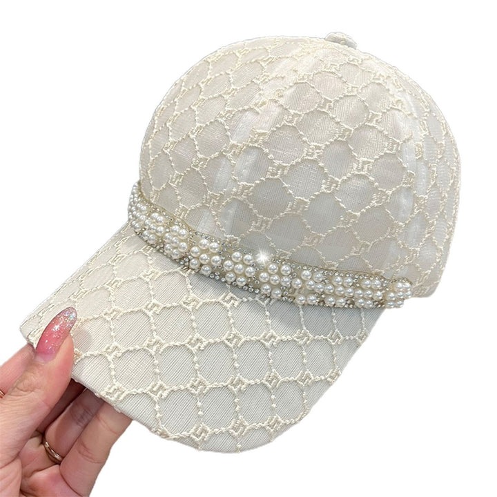 Mesh Sun Hat Adjustable Design Rhinestone Faux Pearl Baseball Hat for Daily Life Image 4