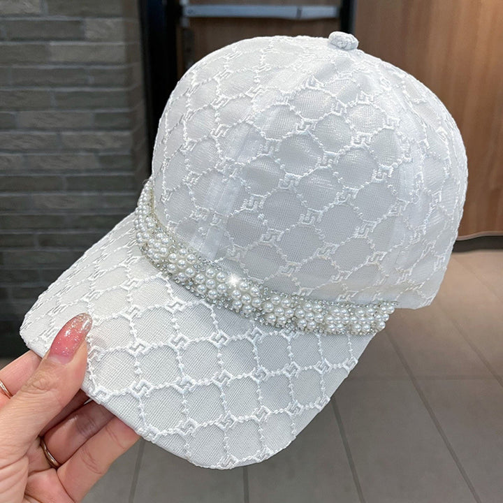 Mesh Sun Hat Adjustable Design Rhinestone Faux Pearl Baseball Hat for Daily Life Image 6