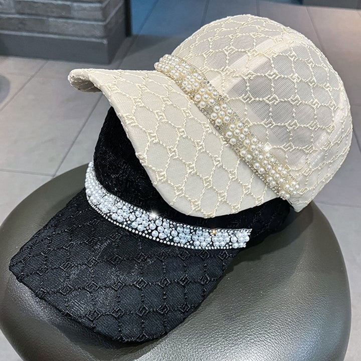 Mesh Sun Hat Adjustable Design Rhinestone Faux Pearl Baseball Hat for Daily Life Image 7