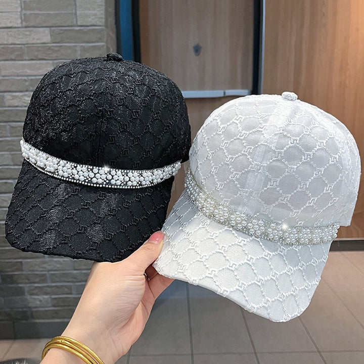 Mesh Sun Hat Adjustable Design Rhinestone Faux Pearl Baseball Hat for Daily Life Image 10