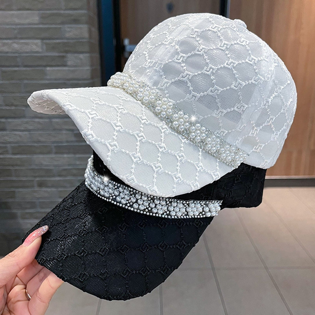 Mesh Sun Hat Adjustable Design Rhinestone Faux Pearl Baseball Hat for Daily Life Image 11