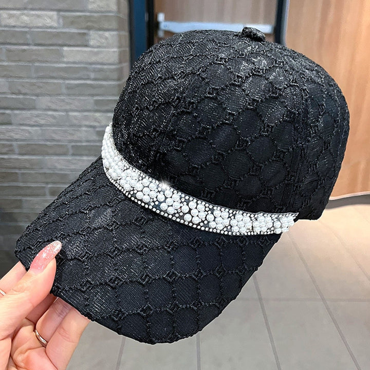 Mesh Sun Hat Adjustable Design Rhinestone Faux Pearl Baseball Hat for Daily Life Image 12