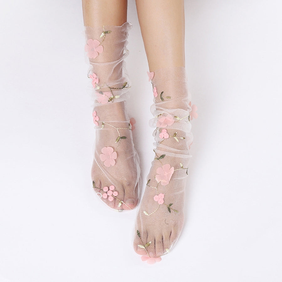 1 Pair Pile Socks Elegant Transparent Nylon Less Wear Floral Lace Socks Photo Props Image 1