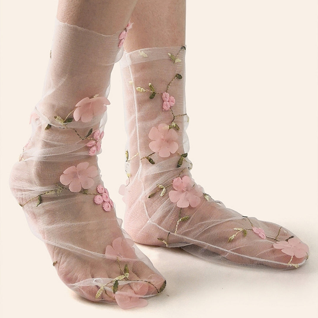 1 Pair Pile Socks Elegant Transparent Nylon Less Wear Floral Lace Socks Photo Props Image 6