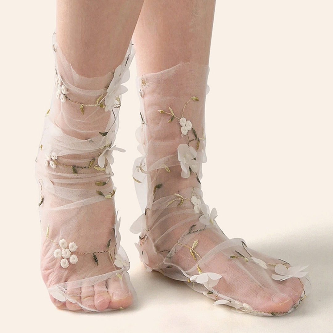1 Pair Pile Socks Elegant Transparent Nylon Less Wear Floral Lace Socks Photo Props Image 9