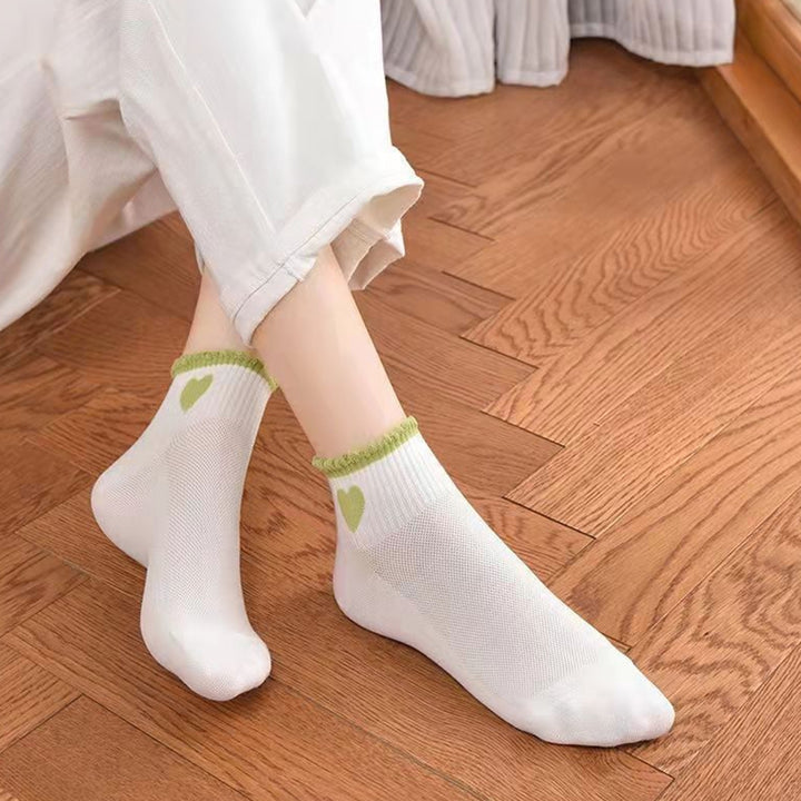5 Pairs Women Socks Contrast Color Mid Cut Cute Heart Print No Odor Lady Socks Clothes Accessories Image 1