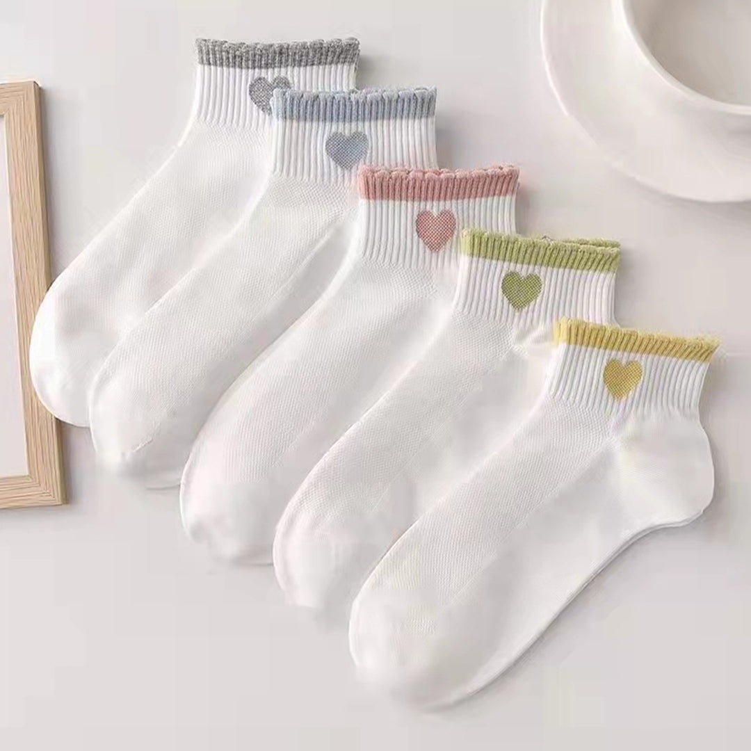 5 Pairs Women Socks Contrast Color Mid Cut Cute Heart Print No Odor Lady Socks Clothes Accessories Image 2