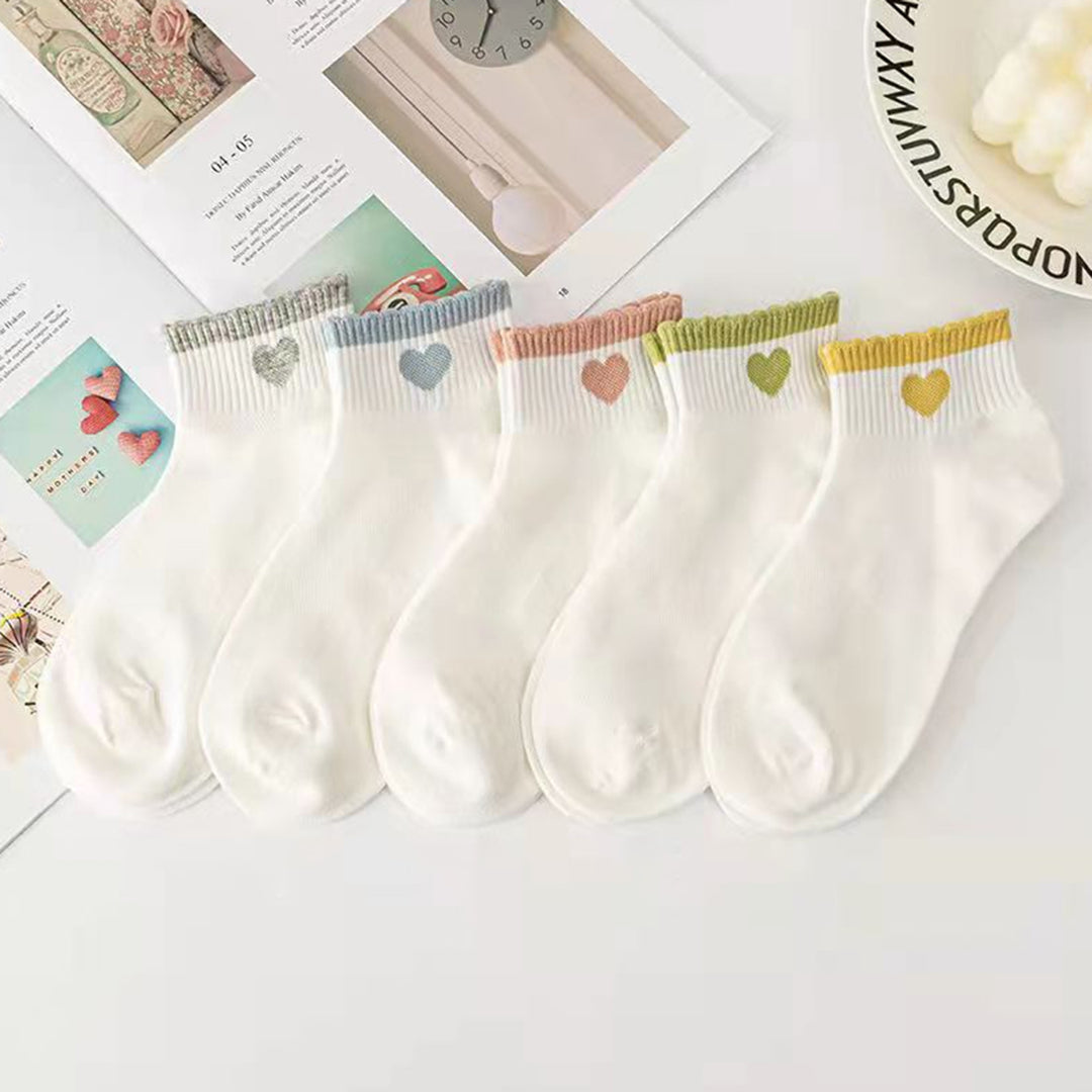 5 Pairs Women Socks Contrast Color Mid Cut Cute Heart Print No Odor Lady Socks Clothes Accessories Image 3