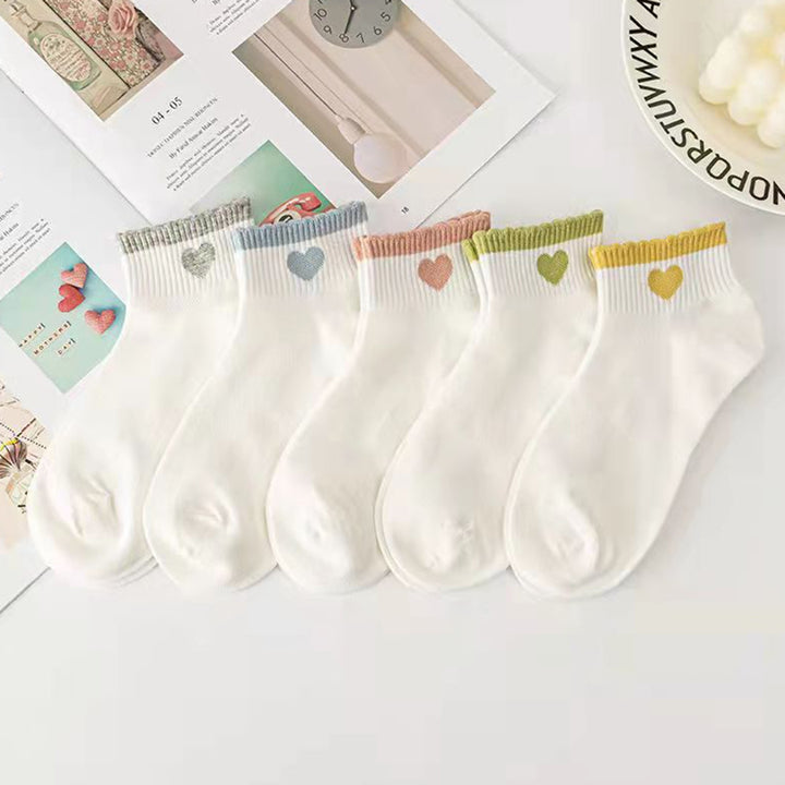 5 Pairs Women Socks Contrast Color Mid Cut Cute Heart Print No Odor Lady Socks Clothes Accessories Image 3