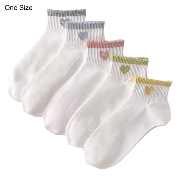 5 Pairs Women Socks Contrast Color Mid Cut Cute Heart Print No Odor Lady Socks Clothes Accessories Image 6