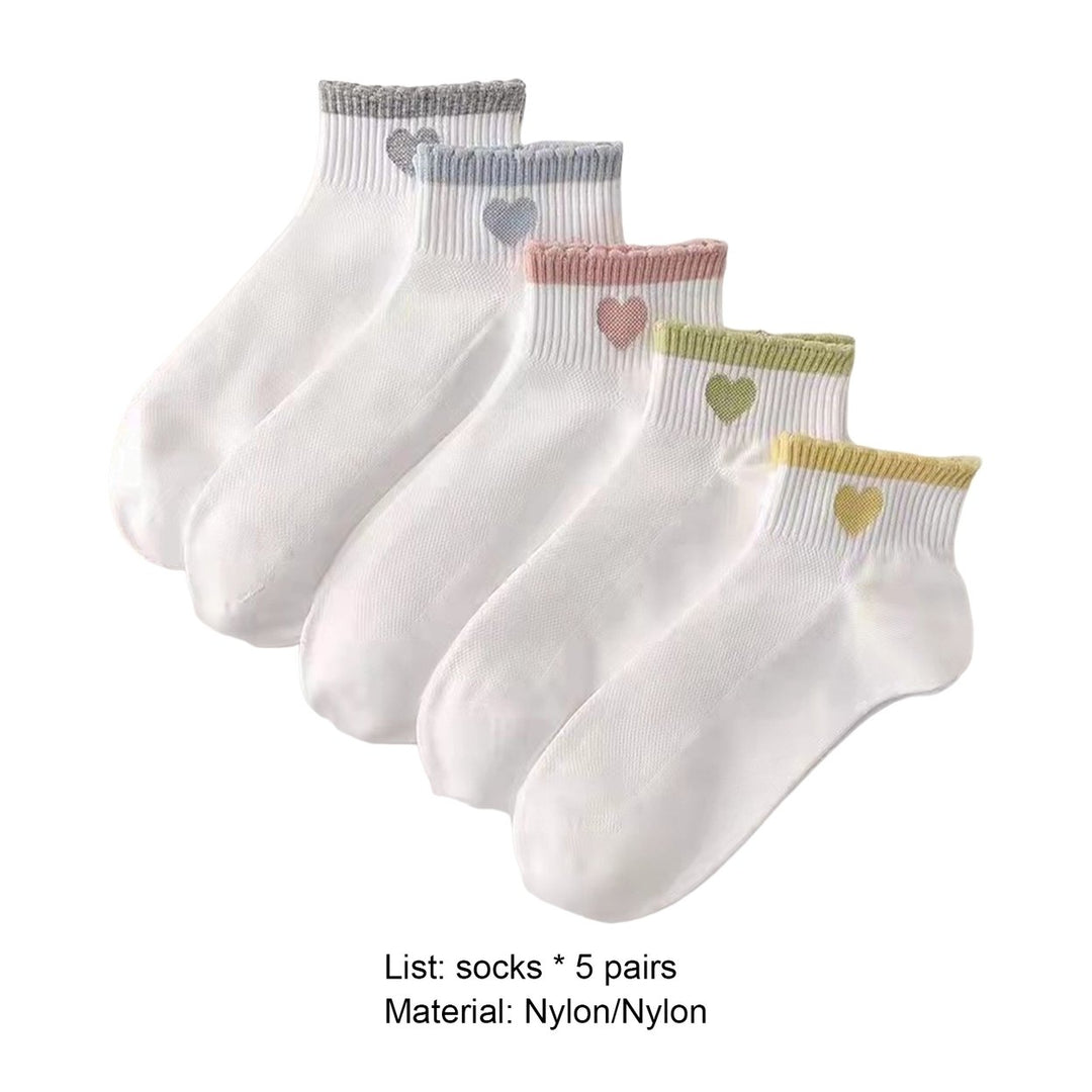 5 Pairs Women Socks Contrast Color Mid Cut Cute Heart Print No Odor Lady Socks Clothes Accessories Image 12