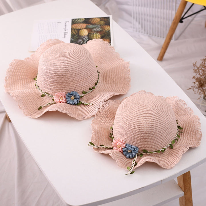 Solid Color Sunscreen Braided Children Sun Cap Leaves Flower Vine Decor Wide Brim Straw Cap Fashion Accessories Image 7