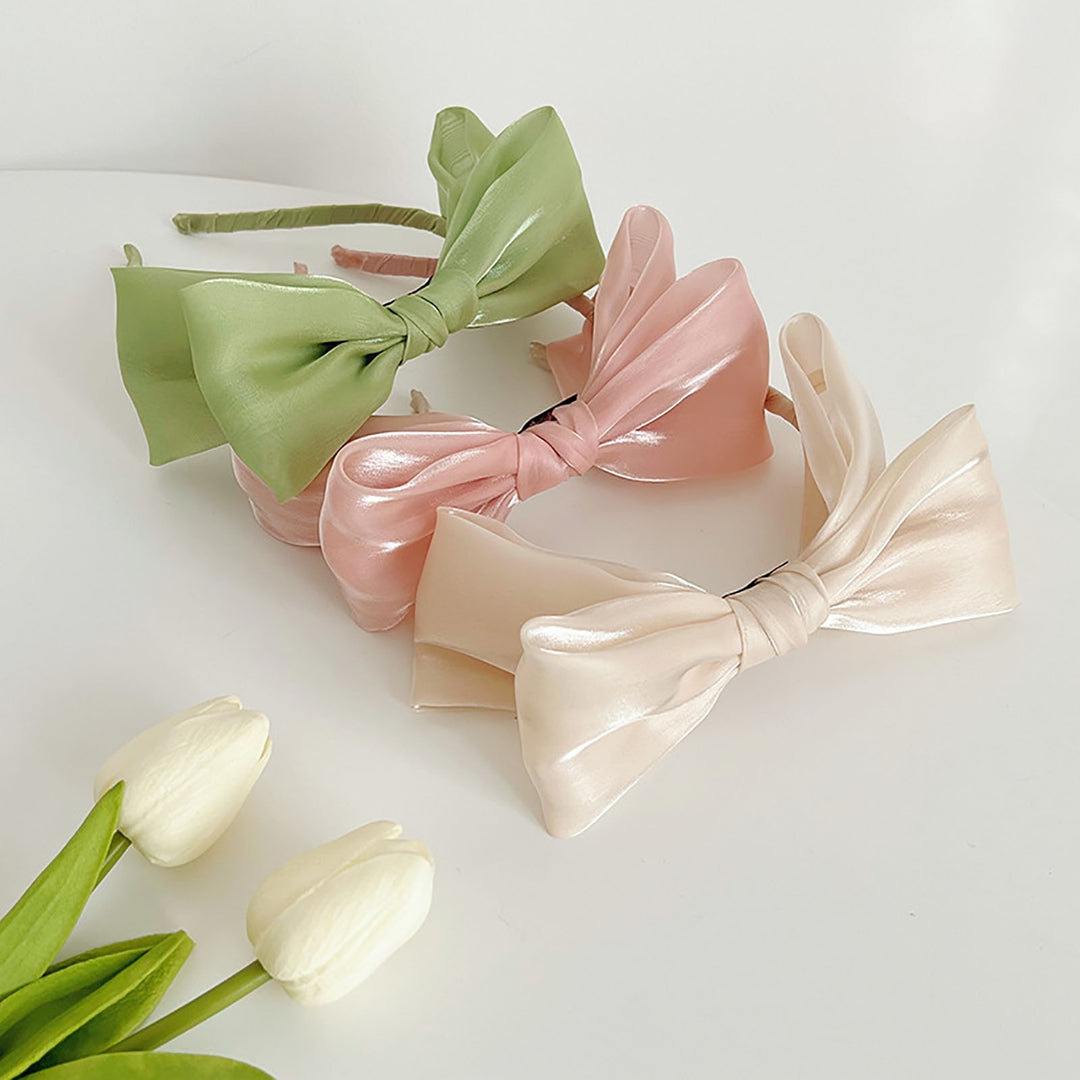 Elastic Bright Silk Soft Fabric Fairy Headband Girl Solid Color Bowknot Decor Thin Headband Hair Accessories Image 9