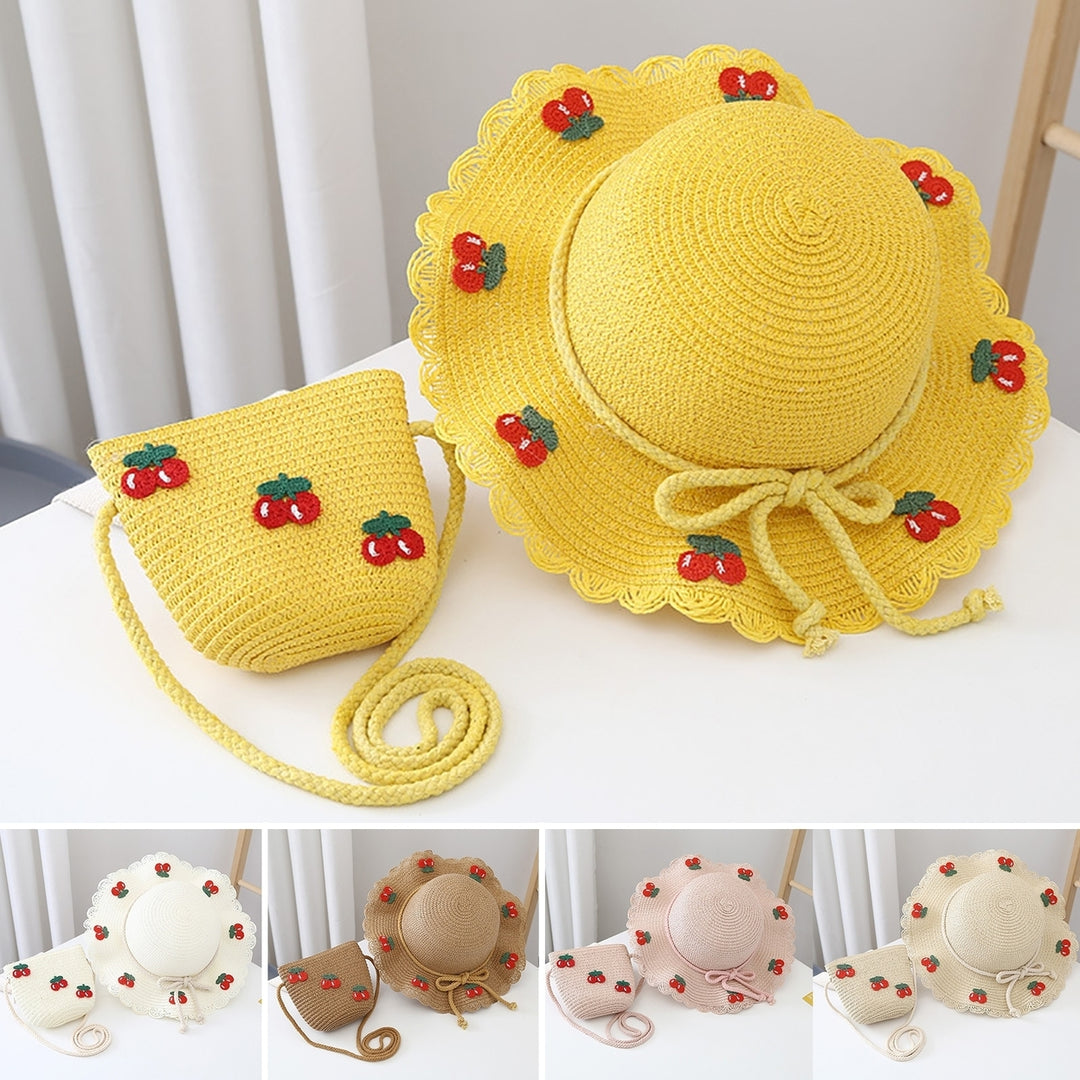 Cherry Decor Lace Trim Wide Brim Hat Bag Set Baby Girls Breathable Straw Hat Handbag Clothing Accessories Image 1