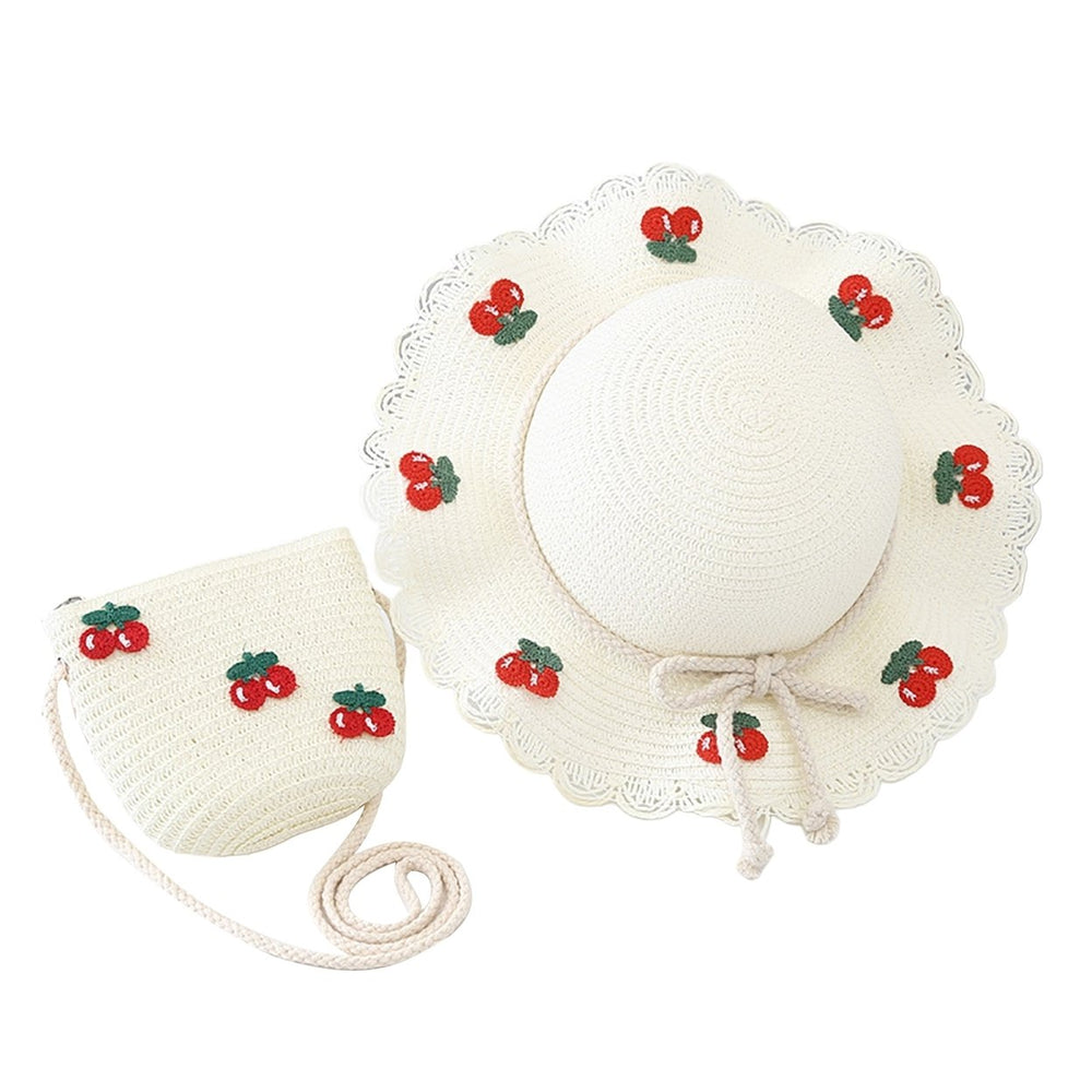 Cherry Decor Lace Trim Wide Brim Hat Bag Set Baby Girls Breathable Straw Hat Handbag Clothing Accessories Image 2