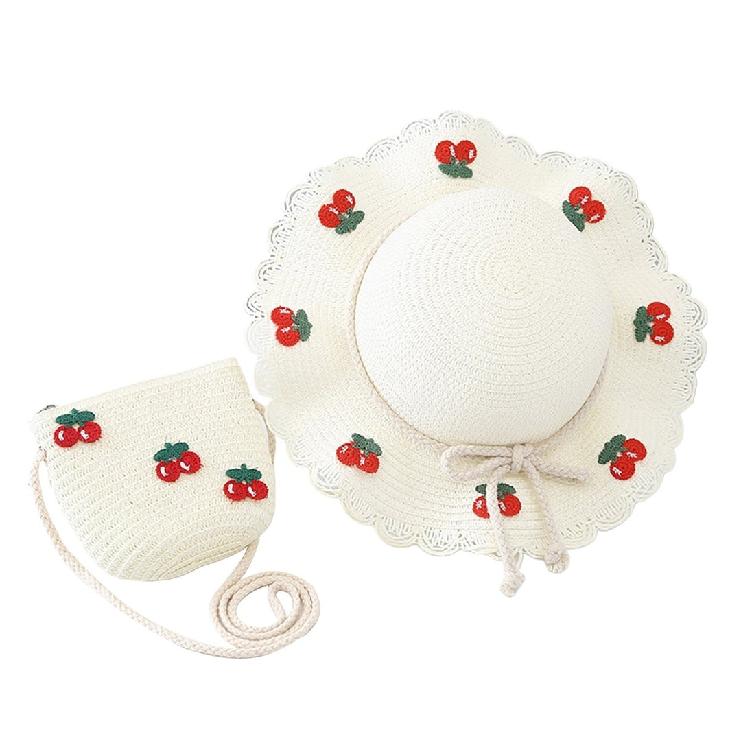 Cherry Decor Lace Trim Wide Brim Hat Bag Set Baby Girls Breathable Straw Hat Handbag Clothing Accessories Image 1