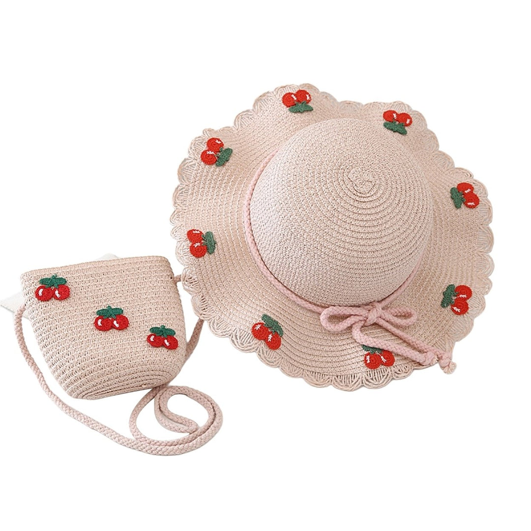 Cherry Decor Lace Trim Wide Brim Hat Bag Set Baby Girls Breathable Straw Hat Handbag Clothing Accessories Image 1