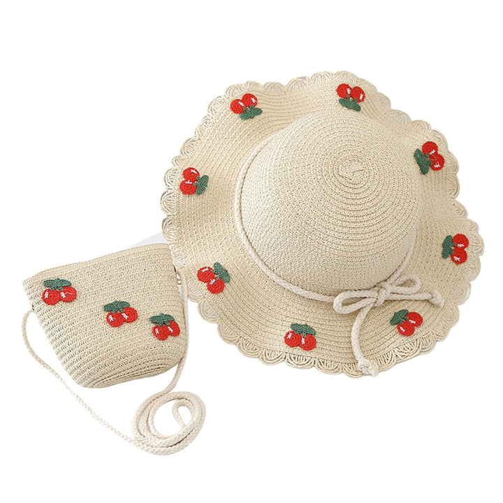Cherry Decor Lace Trim Wide Brim Hat Bag Set Baby Girls Breathable Straw Hat Handbag Clothing Accessories Image 4