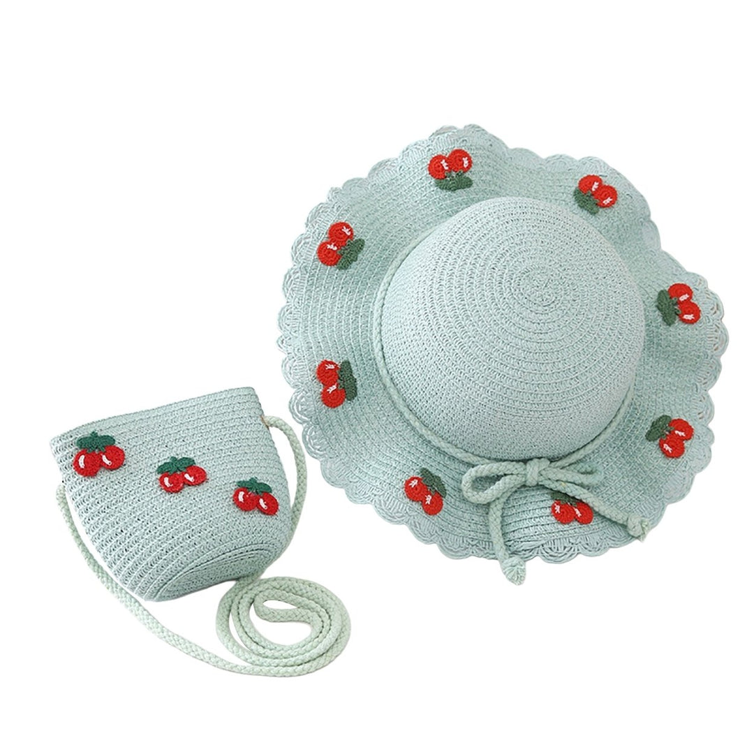 Cherry Decor Lace Trim Wide Brim Hat Bag Set Baby Girls Breathable Straw Hat Handbag Clothing Accessories Image 1