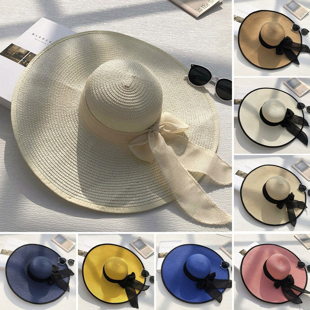 Women Sun Hat Contrast Color Sun Protection Anti-UV Ribbon Decor Bow-knot Beach Hat Headwear Image 1