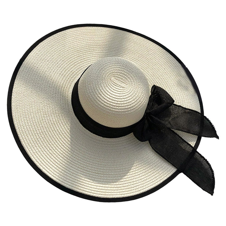 Women Sun Hat Contrast Color Sun Protection Anti-UV Ribbon Decor Bow-knot Beach Hat Headwear Image 3