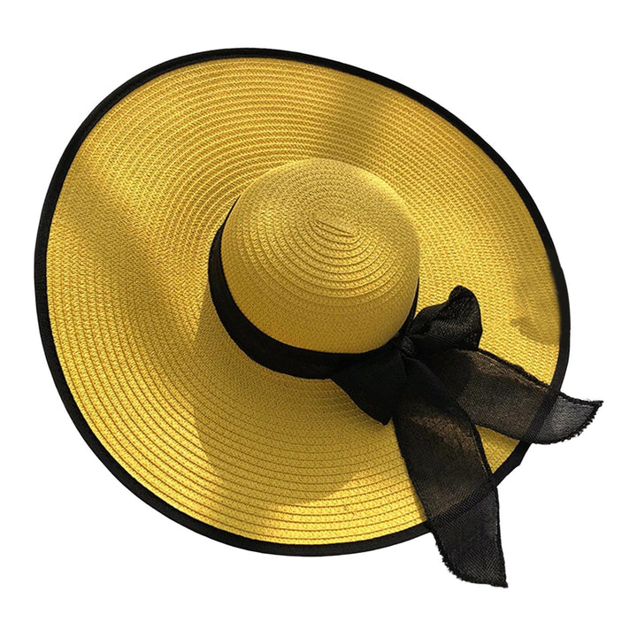 Women Sun Hat Contrast Color Sun Protection Anti-UV Ribbon Decor Bow-knot Beach Hat Headwear Image 4