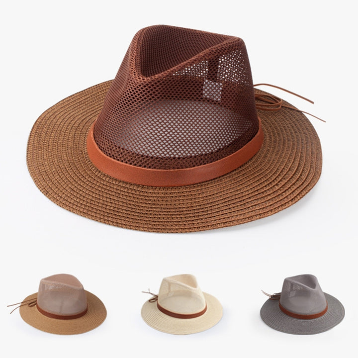 Strap Decor Adjustable Drawstring Hollow Out Cowboy Hat Man Breathable Holes Straw Sunshade Hat Adult Headwear Image 1