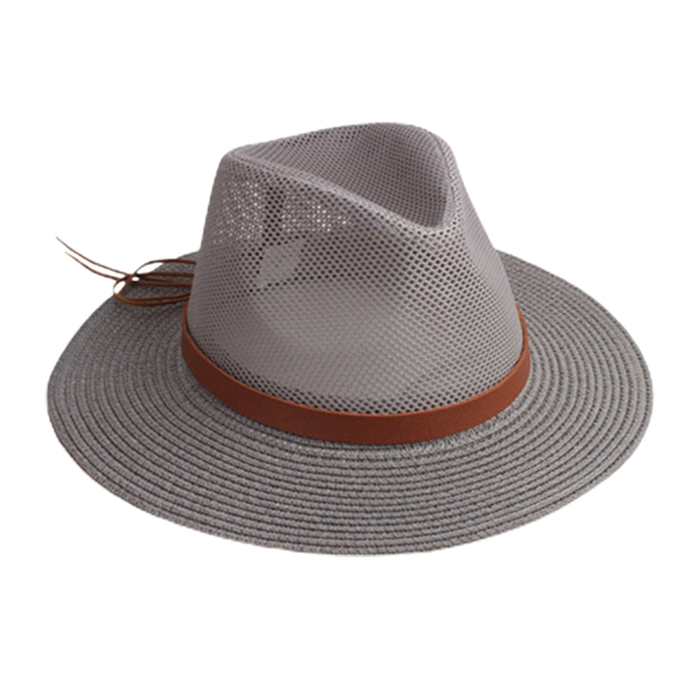 Strap Decor Adjustable Drawstring Hollow Out Cowboy Hat Man Breathable Holes Straw Sunshade Hat Adult Headwear Image 2