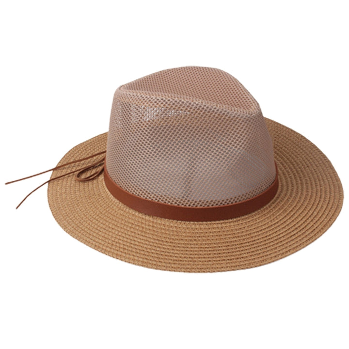 Strap Decor Adjustable Drawstring Hollow Out Cowboy Hat Man Breathable Holes Straw Sunshade Hat Adult Headwear Image 3