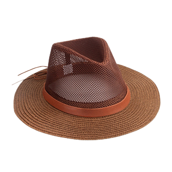 Strap Decor Adjustable Drawstring Hollow Out Cowboy Hat Man Breathable Holes Straw Sunshade Hat Adult Headwear Image 4