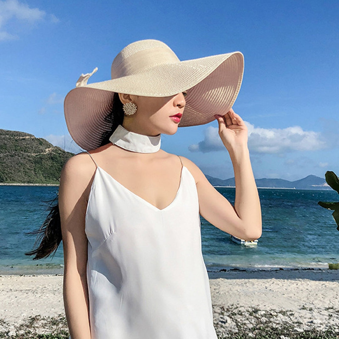 Women Sun Hat Contrast Color Sun Protection Anti-UV Ribbon Decor Bow-knot Beach Hat Headwear Image 10