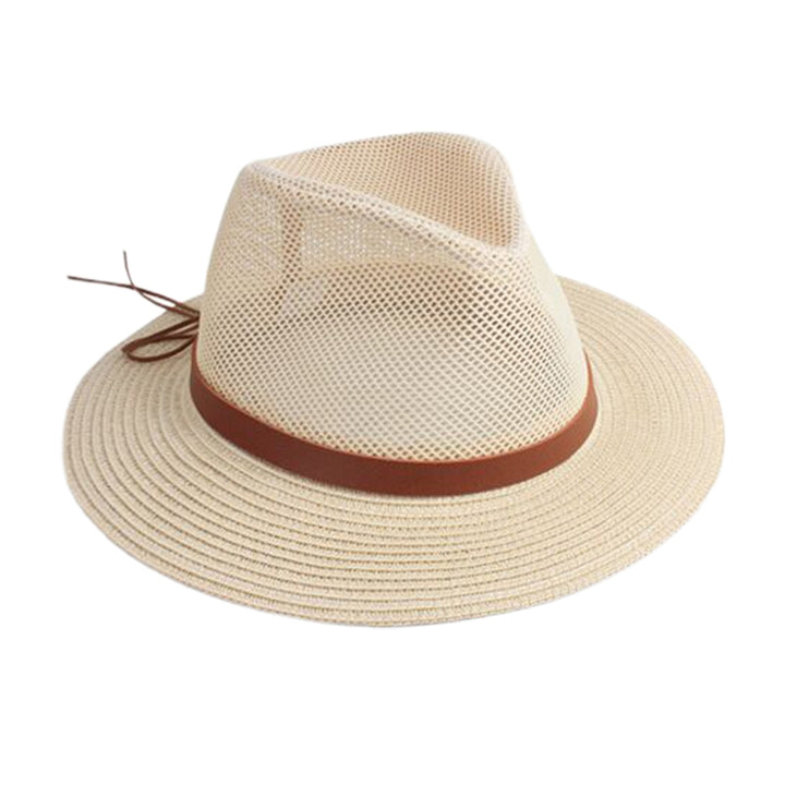 Strap Decor Adjustable Drawstring Hollow Out Cowboy Hat Man Breathable Holes Straw Sunshade Hat Adult Headwear Image 4