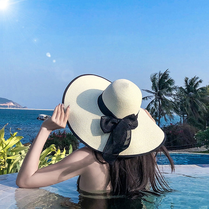 Women Sun Hat Contrast Color Sun Protection Anti-UV Ribbon Decor Bow-knot Beach Hat Headwear Image 11