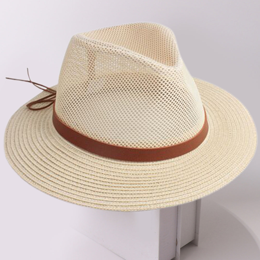 Strap Decor Adjustable Drawstring Hollow Out Cowboy Hat Man Breathable Holes Straw Sunshade Hat Adult Headwear Image 6