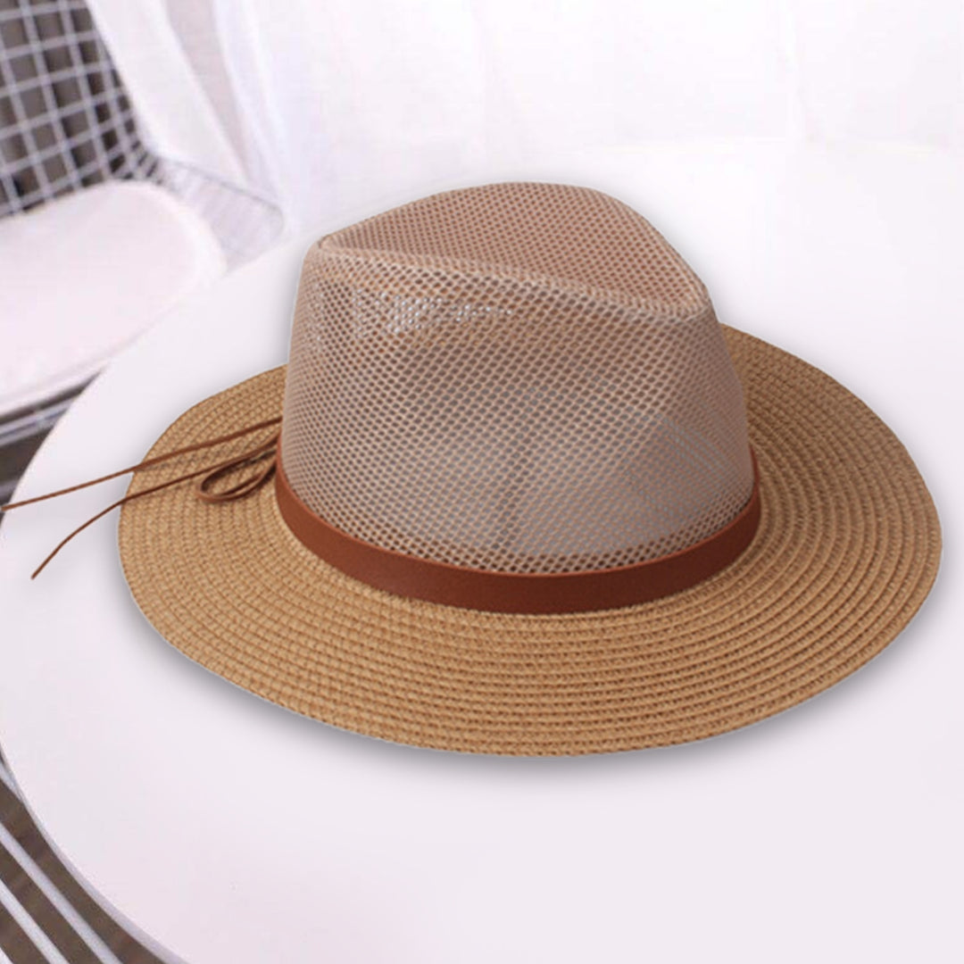 Strap Decor Adjustable Drawstring Hollow Out Cowboy Hat Man Breathable Holes Straw Sunshade Hat Adult Headwear Image 7