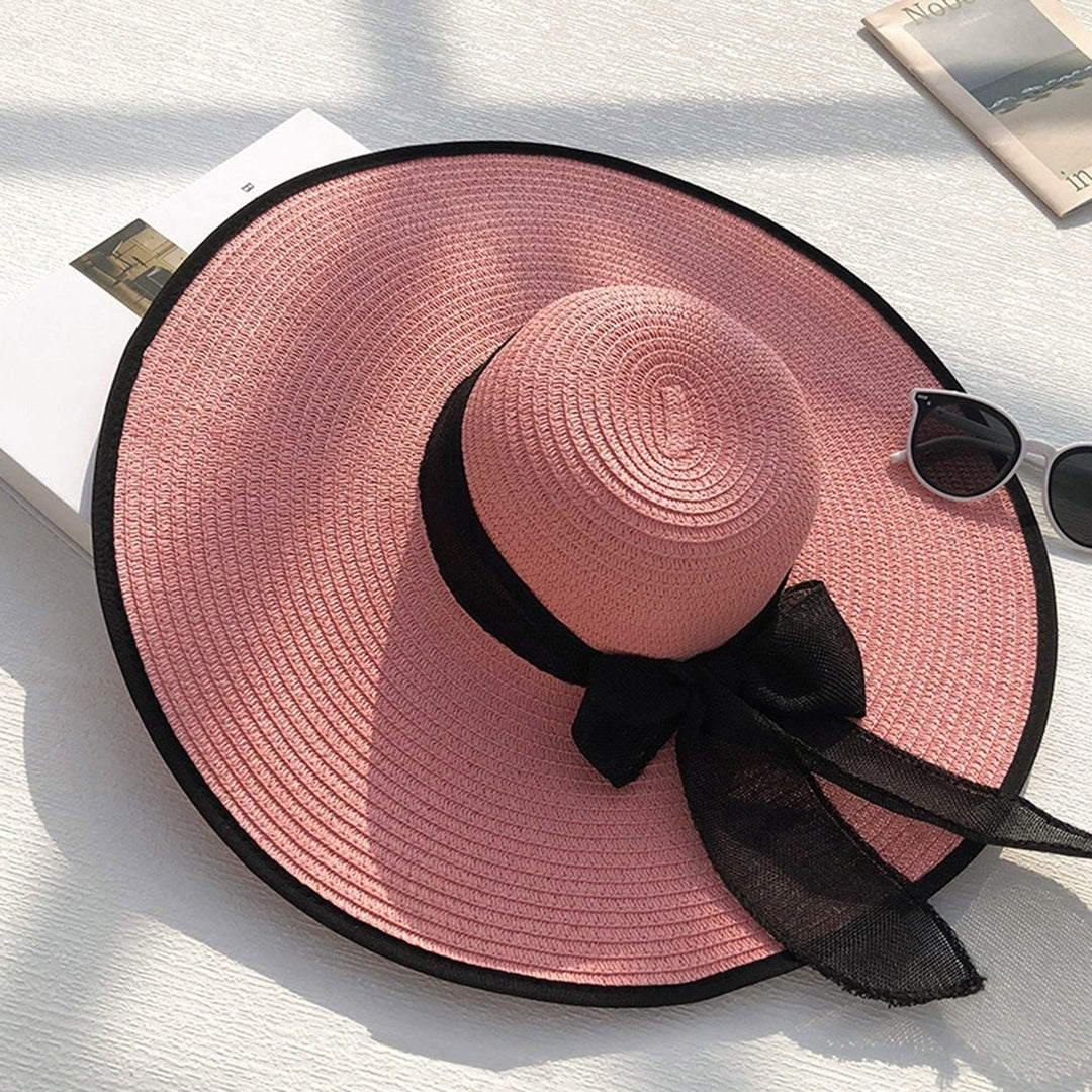 Women Sun Hat Contrast Color Sun Protection Anti-UV Ribbon Decor Bow-knot Beach Hat Headwear Image 12