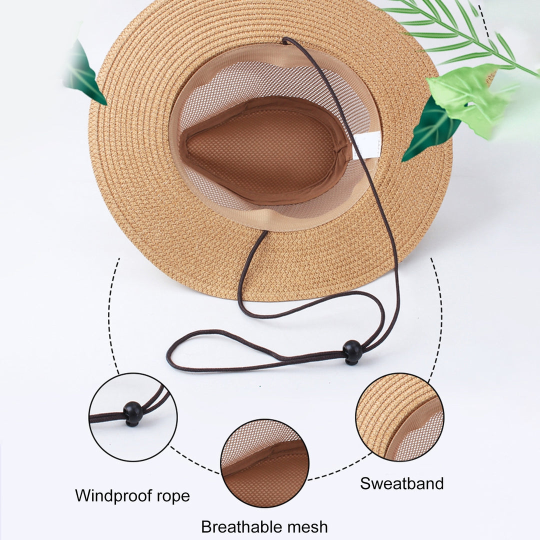 Strap Decor Adjustable Drawstring Hollow Out Cowboy Hat Man Breathable Holes Straw Sunshade Hat Adult Headwear Image 11