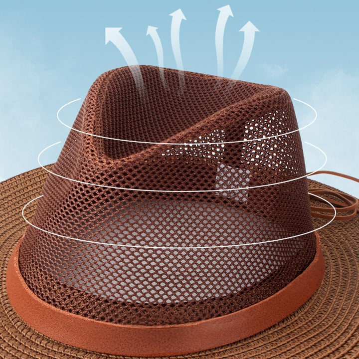 Strap Decor Adjustable Drawstring Hollow Out Cowboy Hat Man Breathable Holes Straw Sunshade Hat Adult Headwear Image 12