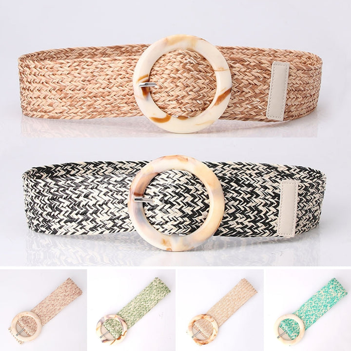 Wide Adjustable Imitation Straw Weaving Waist Belt Handcrafted Braided Round Buckle Belt Clothes Ornament Image 1