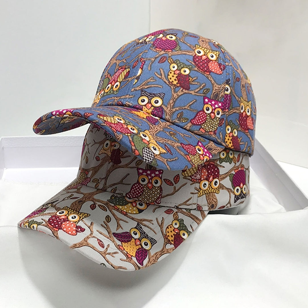 Sun Hat Unisex Breathable Ponytail Hole Cartoon Owl Print Extended Brim Women Hat Gift Image 1