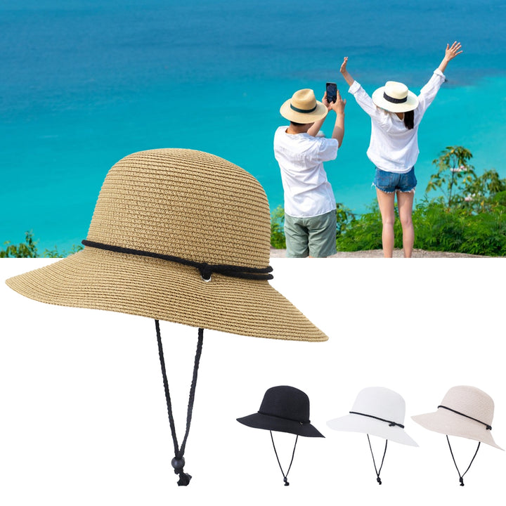 Women Hat Solid Color Soft Sunscreen Unisex Lightweight Super Breathable Fasten String Round Shape Anti-UV Summer Hat Image 9